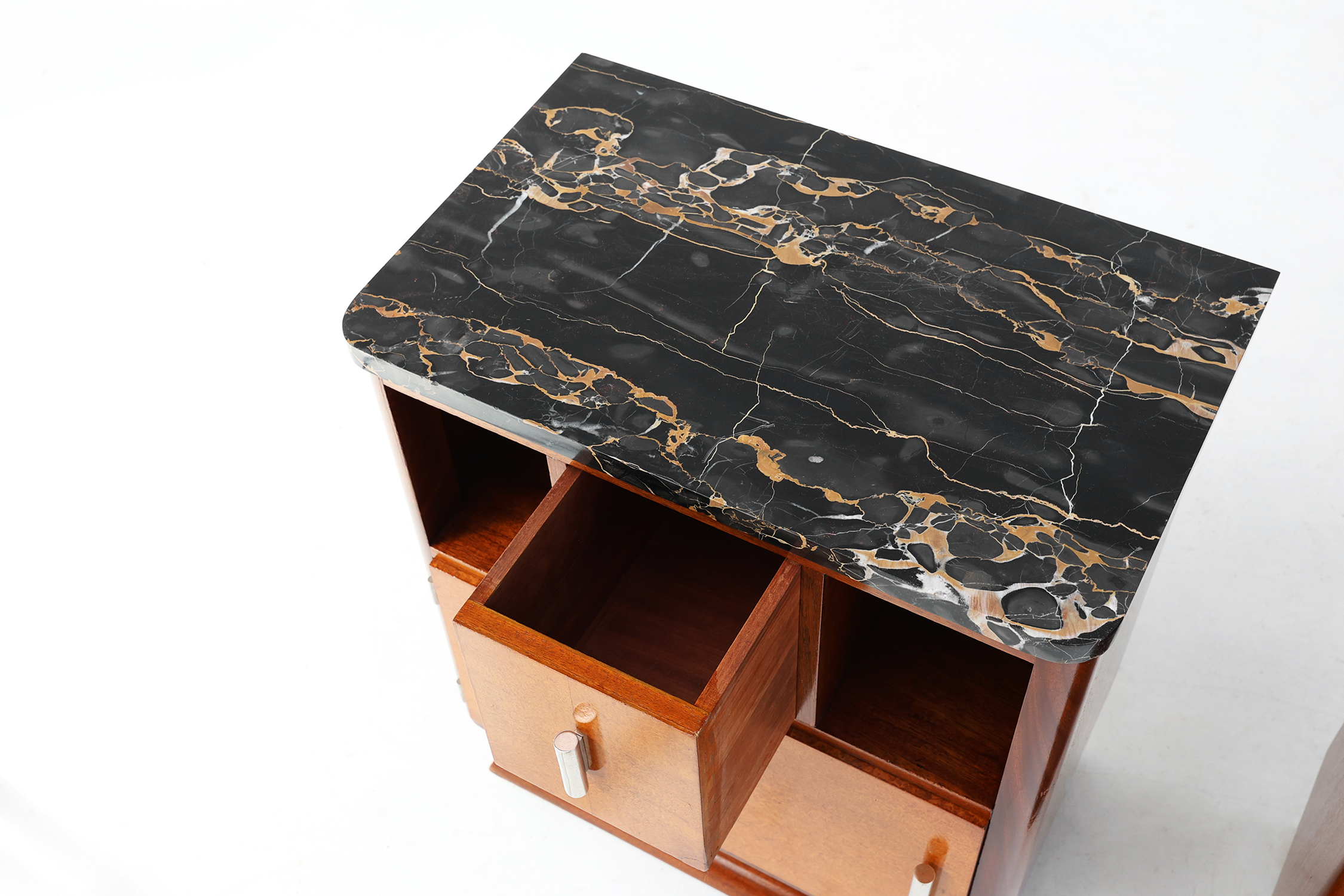 Pair of French Art Deco nightstand with stunning marble tops, 1920sthumbnail